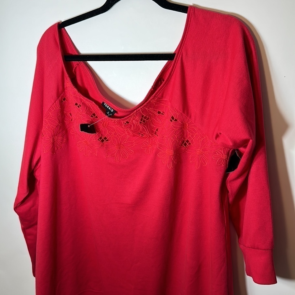 Torrid 2 OFF-SHOULDER Light WEIGHT FRENCH TERRY EMBROIDERED SWEATSHIRT - Picture 7 of 10